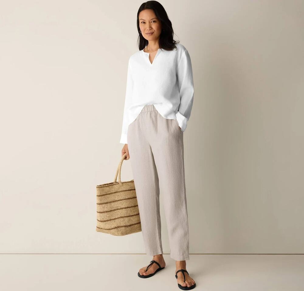 Eileen Fisher Organic Linen Tapered Pants Oatmeal Beige Medium